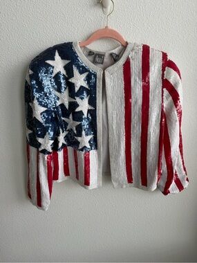 Vintage 100% Silk Sequin & Beaded American Flag Jacket Medium by Modi USA RARE